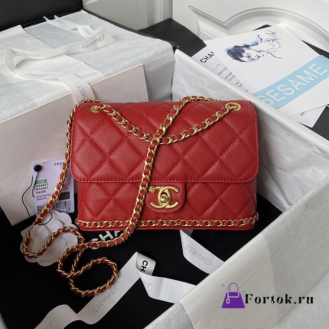 Fortok Chanel 23K Grained Calfskin Flap Bag in Red AS4431 13×20.5×7.5cm - 1
