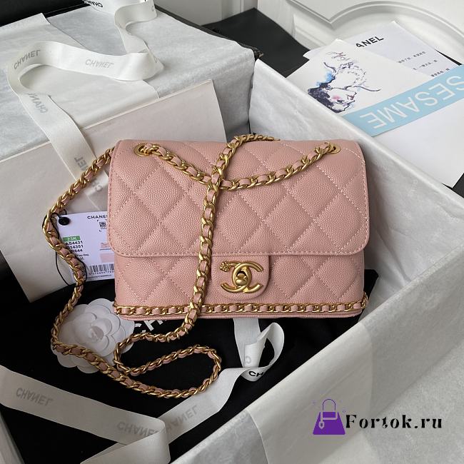 Fortok Chanel 23K Grained Calfskin Flap Bag in Pink AS4431 13×20.5×7.5cm - 1