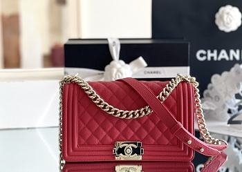 Fortok Chanel Leboy Grained Leather Gold-tone Metal Bag in Red 25x15x9cm