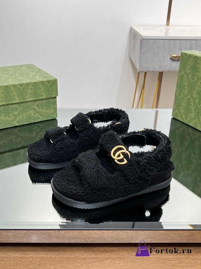 Fortok Gucci Double G Sandals in Black Merino Wool - 1
