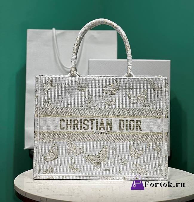 Fortok Dior White/Beige Butterfly Embroidery Tote Bag 36x18x28cm - 1