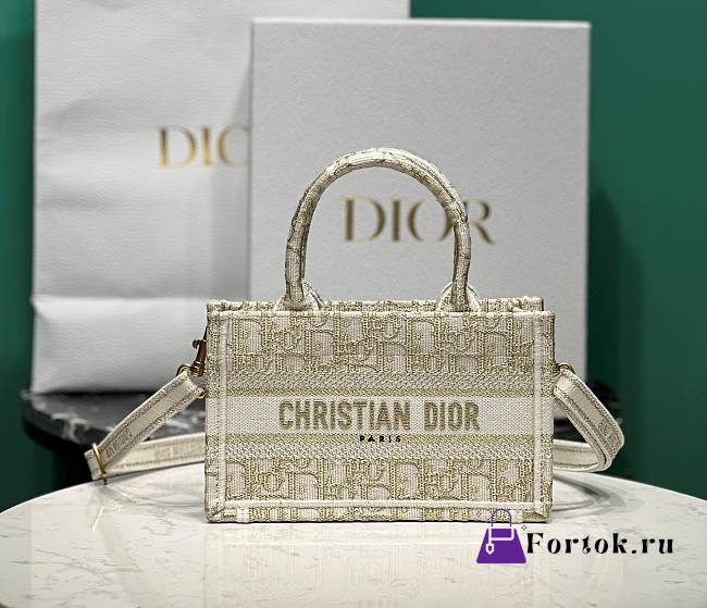 Fortok Dior Gold-Tone Dior Oblique Embroidery Mini Tote Bag 21.5×13×7.5cm - 1
