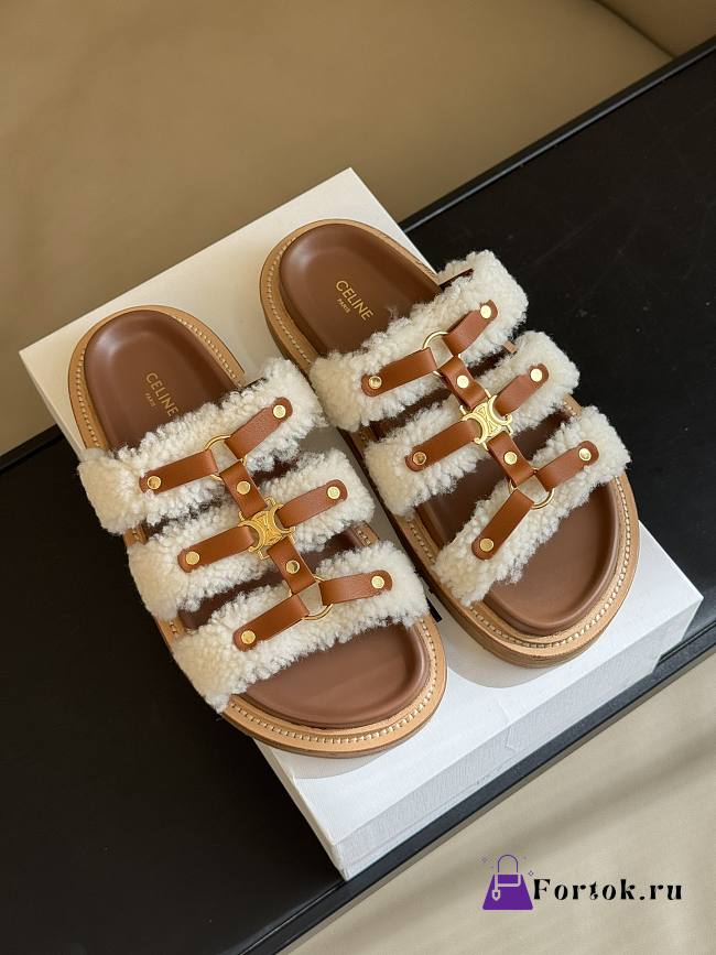 Fortok Celine Shearling-trimmed Leather Sandals  - 1