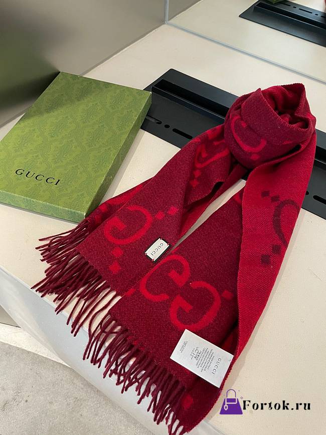 Fortok Gucci Cashmere GG Logo Scarf in Red 35x190cm - 1