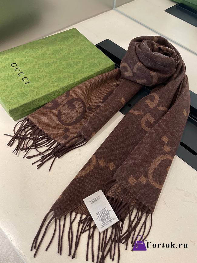 Fortok Gucci Cashmere GG Logo Scarf in Brown 35x190cm - 1