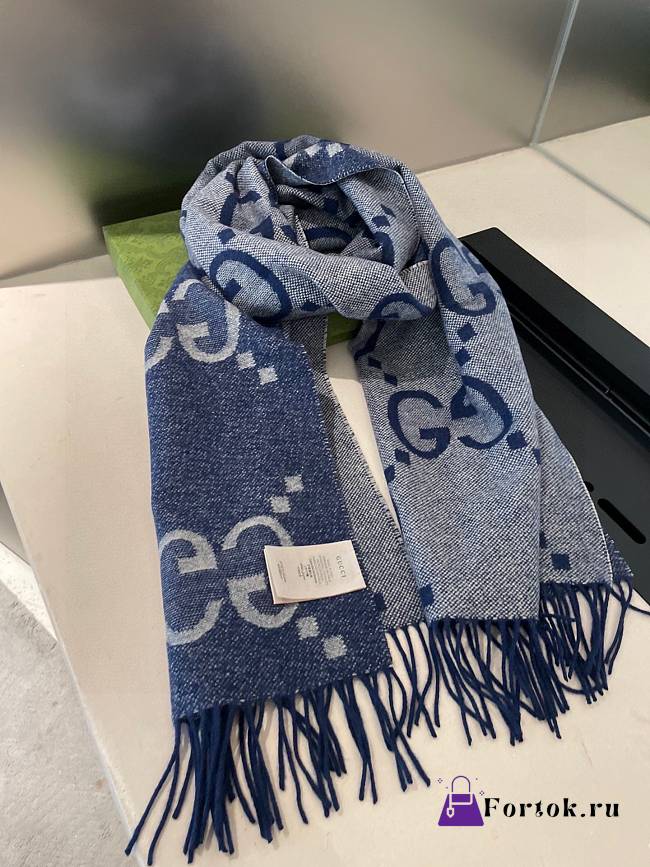 Fortok Gucci Cashmere GG Logo Scarf in Blue 35x190cm - 1