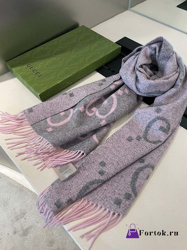 Fortok Gucci Cashmere GG Logo Scarf in Pink&Grey 35x190cm - 1