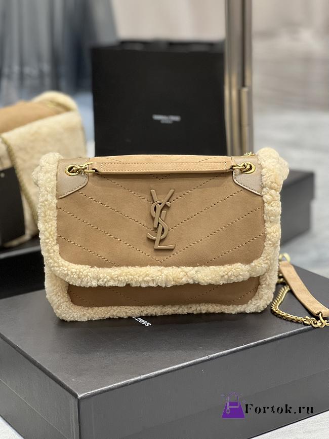 Fortok Saint Laurent Niki Monogram Nubuck & Shearling Shoulder Bag 22×16.5×12cm - 1