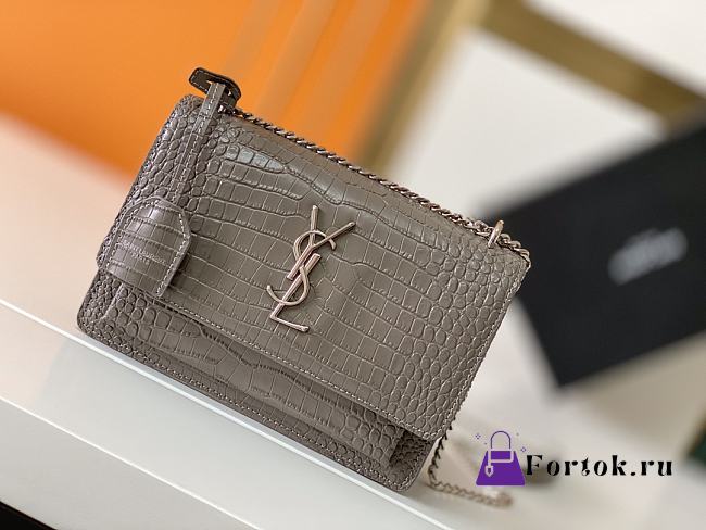Fortok Saint Laurent Sunset Chain Wallet Crocodile Embossed Shiny Gray 22cm - 1
