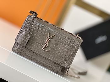 Fortok Saint Laurent Sunset Chain Wallet Crocodile Embossed Shiny Gray 22cm