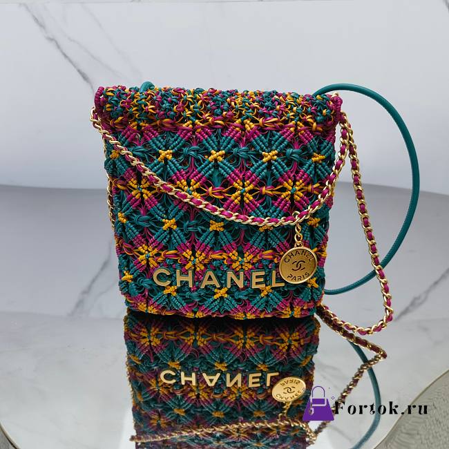 Fortok Chanel Mini 22 Bag Multicolor Macrame Calfskin Gold Hardware 20x19x6cm - 1