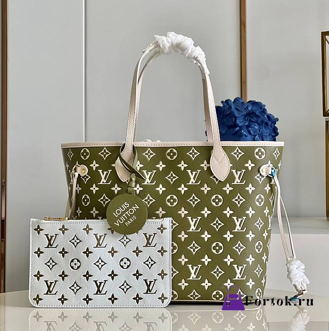 Louis Vuitton Neverfull MM Monogram embossed Leather Kaki Green/Pink/White M46102 31x28x14cm - 1