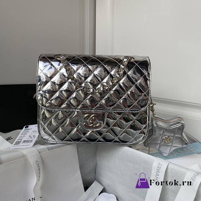 Fortok Chanel Backpack and Star Coin Purse Silver Metallic Calfskin & Gold-Tone Metal 18.5×23.5×8.5cm - 1