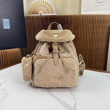 Fortok Prada Re-Nylon and Shearling Backpack in Beige 25x20.5x11.5cm