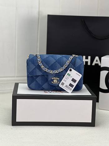 Fortok Chanel Printed Denim Quilted Mini Rectangular Flap Dark Blue 20cm