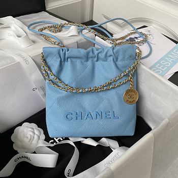 Fortok Chanel 22 Grained Leather With Blue Chanel Logo Handbag 19x20x6cm