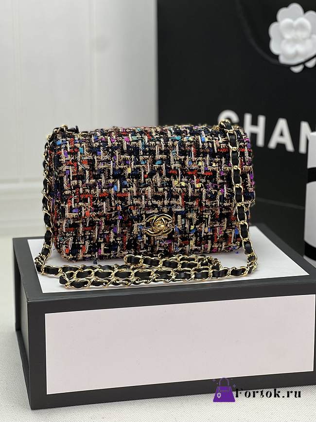 Fortok Chanel Tweed Flap Bag Gold Hardware Multicolor 20cm - 1