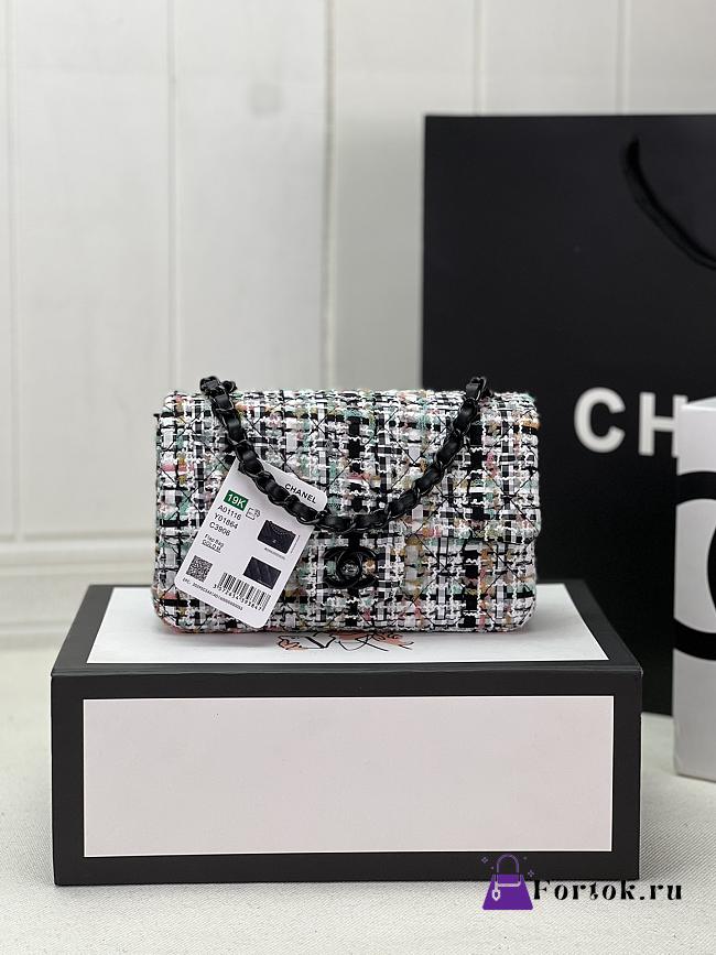 Fortok Chanel Tweed Quilted Mini Rectangular Flap Bag White Black Multicolor 20cm - 1