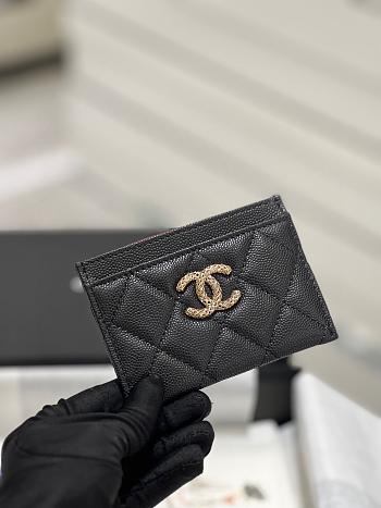 Fortok Chanel Flat Cardholder with Chain CC Black Caviar with Gold Hardware 11x8cm