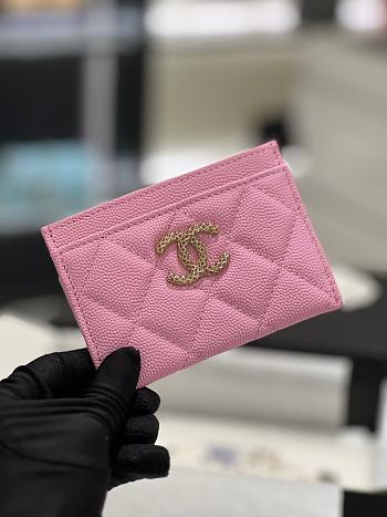 Fortok Chanel Flat Cardholder with Chain CC Pink Caviar with Gold Hardware 11x8cm