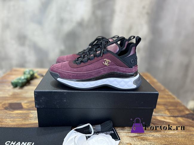 Fortok Chanel Velvet Calfskin Mixed Fibers CC Sneakers 38 Burgundy - 1