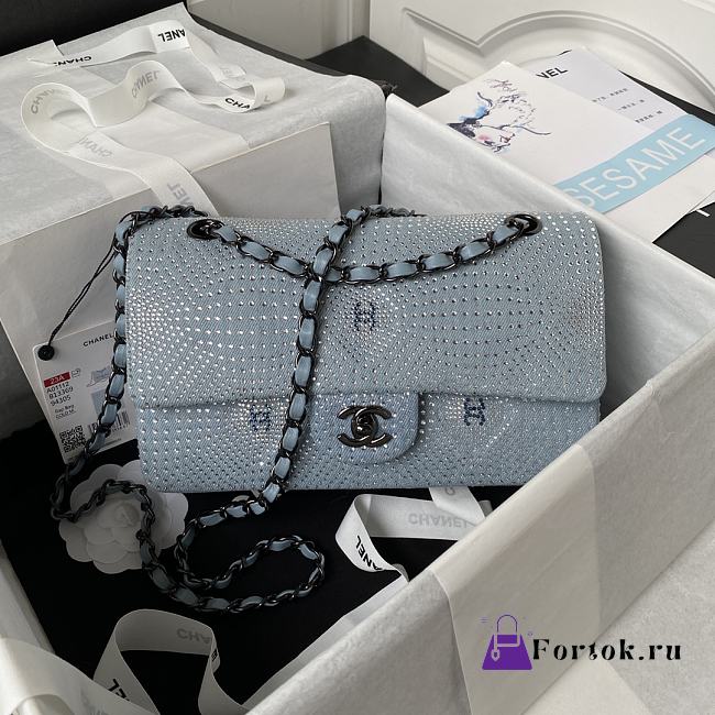 Fortok Chanel Evening Bag Velvet Diamante Silver Metal Blue & Silver 20cm - 1