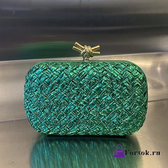 Fortok Bottega Veneta Knot Pressed Intreccio Laminated Leather Minaudiere Clutch Green 20x12x5.5cm - 1