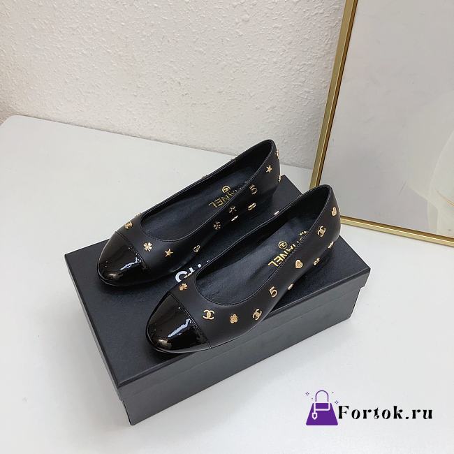 Fortok Chanel Heart Flower Patterns Star Logo Ballet Shoes Black - 1