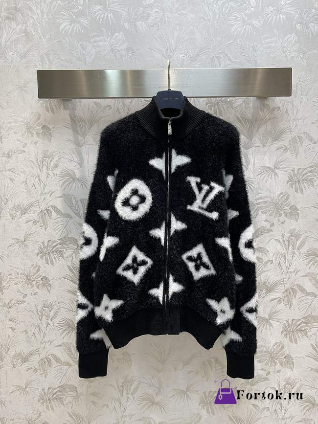 Fortok Louis Vuitton Night Monogram Mink Collar Zipper Cardigan - 1