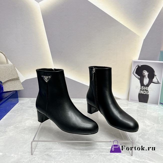Fortok Prada Zipper Thick Heel Short Boots Black - 1