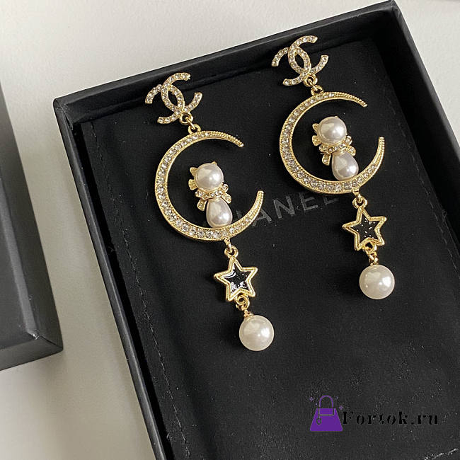 Fortok Chanel Vintage Button Pair Earrings Pierce Star Pearl Black Gold - 1