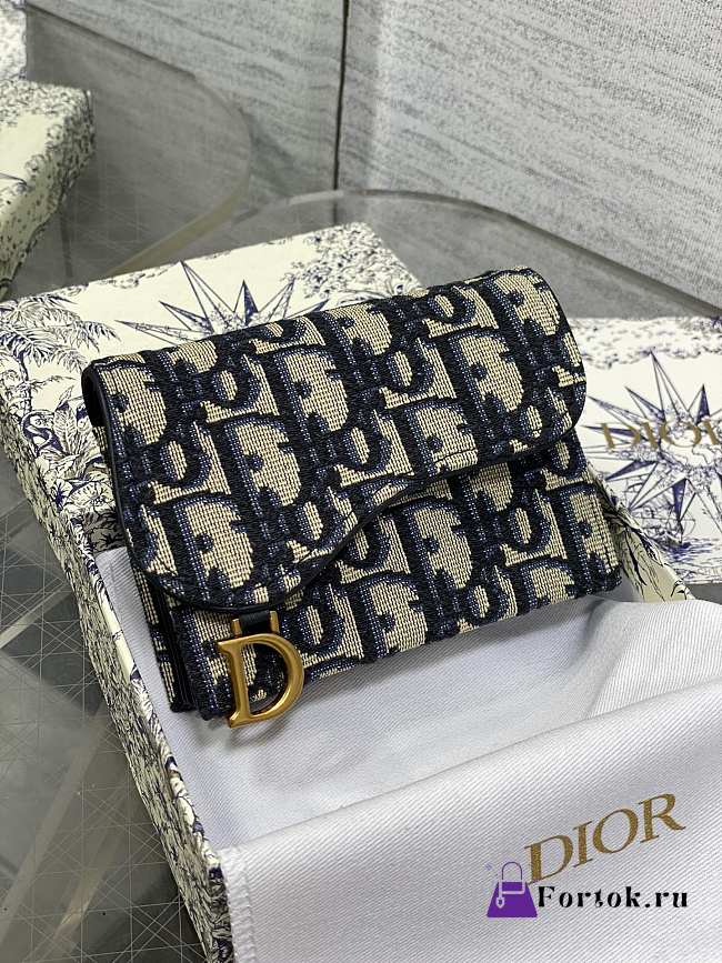 Fortok Dior Saddle Oblique Jacquard Compact Wallet Blue 12x10x5cm - 1