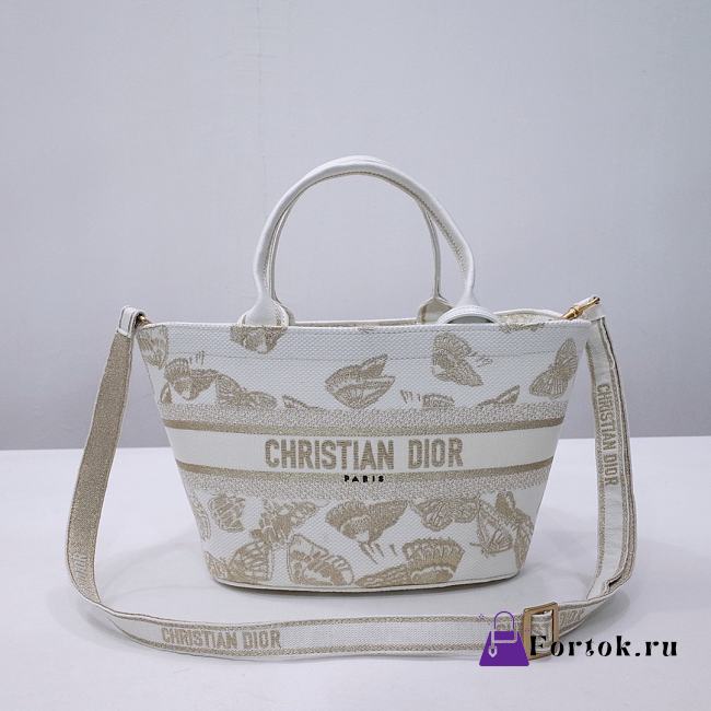Fortok Dior Hat Basket Bag White and Gold-tone Gradient Butterflies Embroidery 27x20x8cm  - 1