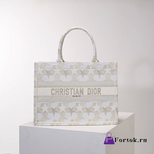 Fortok Dior Étoile Graphic Embroidery Tote Bag Beige&White 36.5x28x14cm - 1
