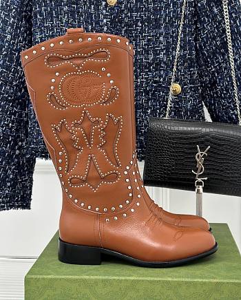 Fortok Gucci Double G Studded Leather Ankle Boots Brown