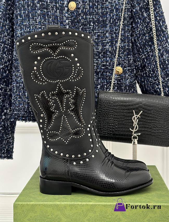 Fortok Gucci Double G Studded Leather Ankle Boots Black - 1