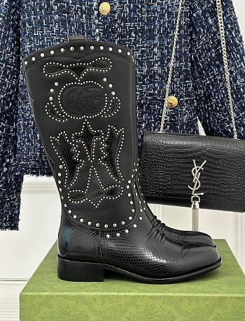 Fortok Gucci Double G Studded Leather Ankle Boots Black