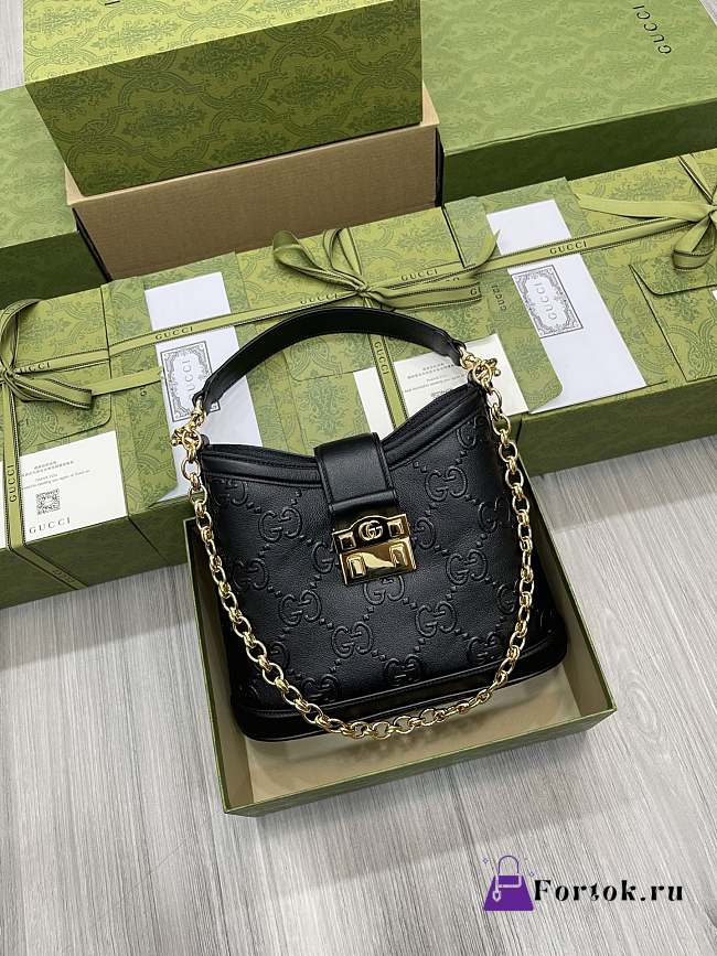 Fortok Gucci GG Shoulder Bag Black Leather 25x21x9cm - 1