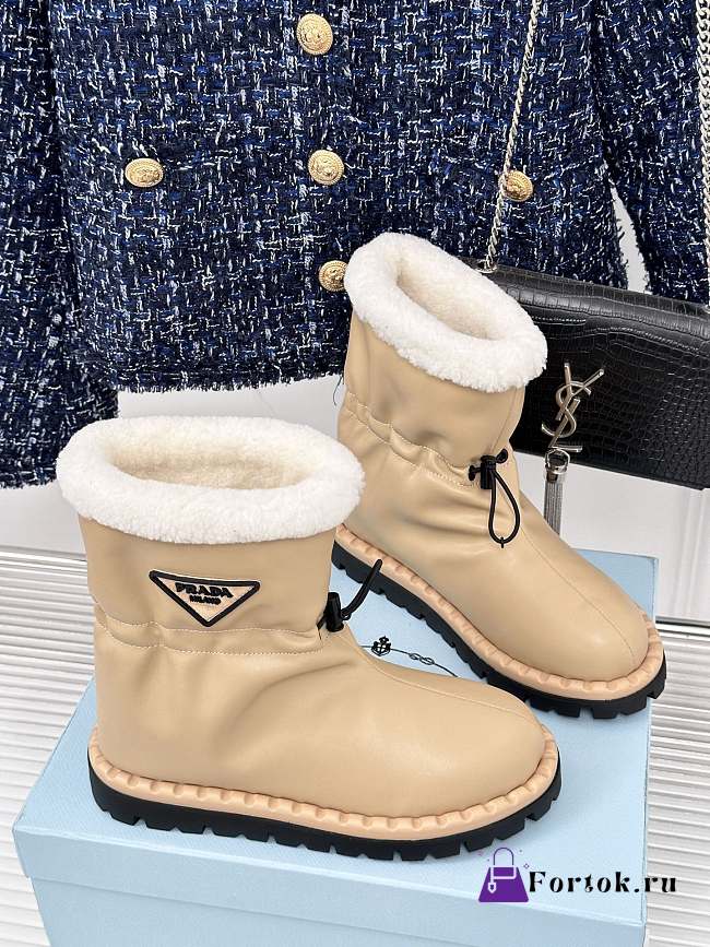 Fortok Prada Triangle Logo Fleece Snow Boots Beige - 1