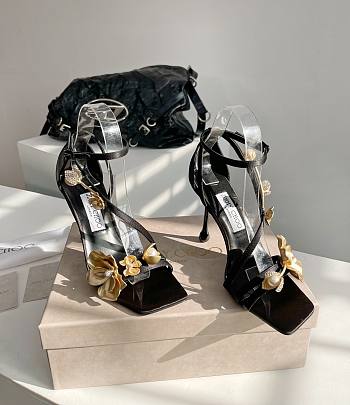 Fortok Jimmy Choo Black Satin Sandals with Metal Flowers