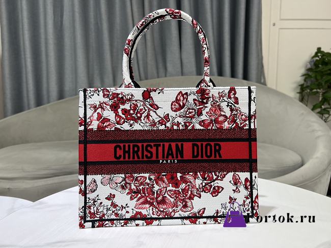 Fortok Dior Book Tote White And Red Butterfly And Heart Patterns Embroidery 36x27.5x16.5cm - 1
