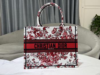 Fortok Dior Book Tote White And Red Butterfly And Heart Patterns Embroidery 36x27.5x16.5cm