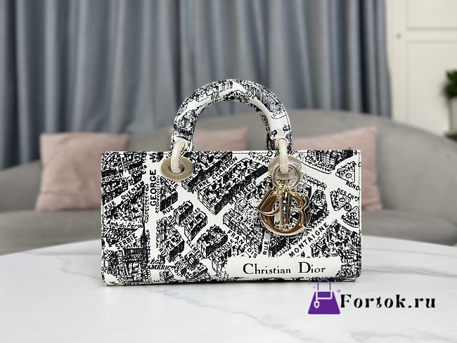 Fortok Dior Medium Lady D-Joy Bag White and Black Plan de Paris Printed Calfskin 26x13.5x5cm  - 1
