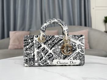 Fortok Dior Medium Lady D-Joy Bag White and Black Plan de Paris Printed Calfskin 26x13.5x5cm 