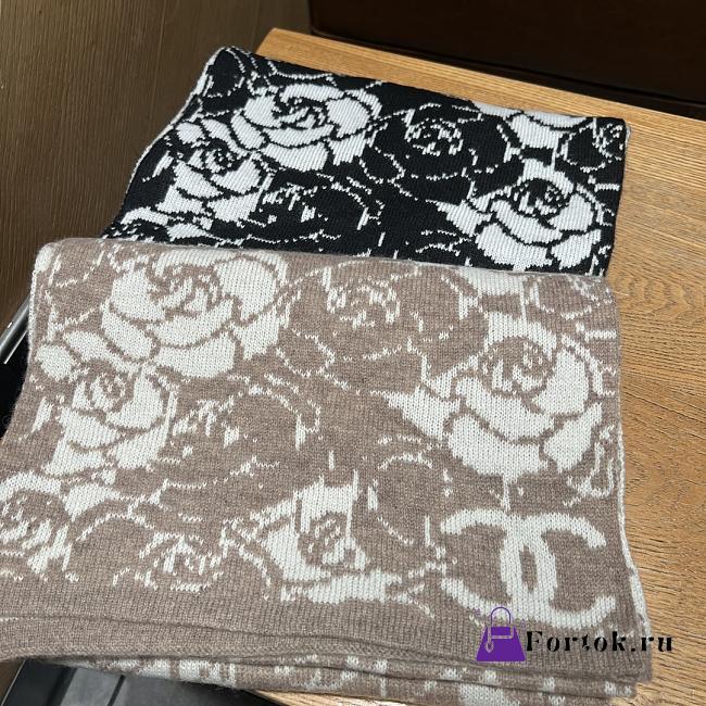 Fortok Chanel Camellia Cashmere Scarf Black/Brown 80x200cm - 1
