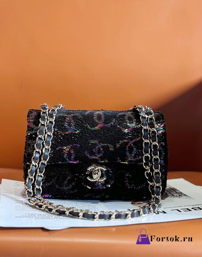 Fortok Chanel Evening Bag Sequins & Gold-Tone Metal Black & Multicolor AS4297 20cm  - 1