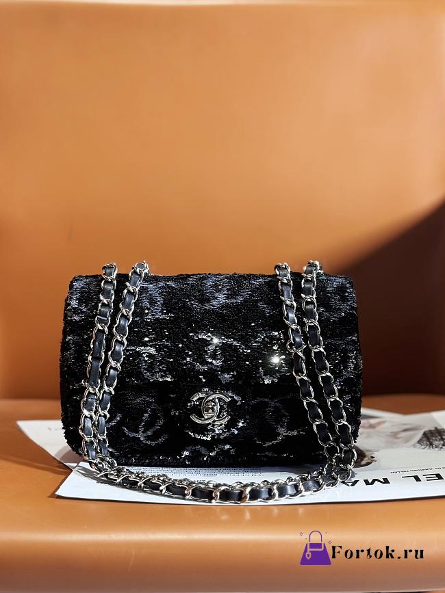 Fortok Chanel Evening Bag Sequins & Silver-plated Metal Black & Silver 20cm - 1