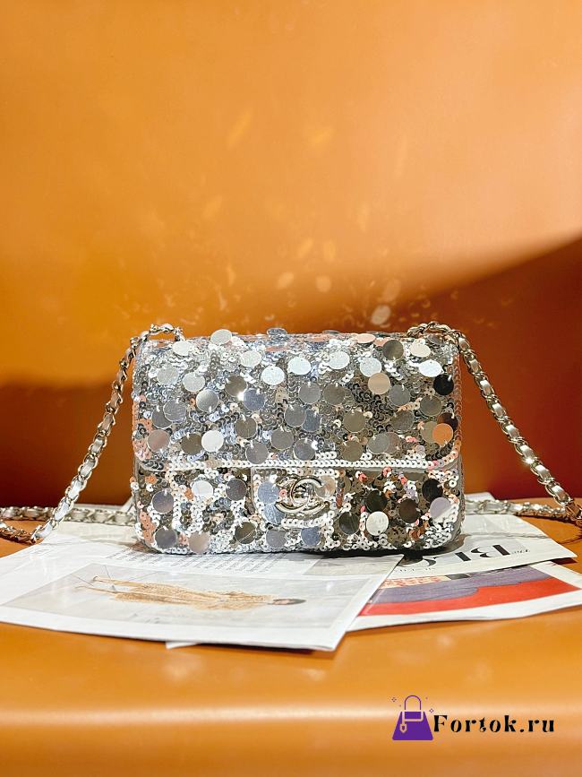 Fortok Chanel 23C Sequin Flap Bag Silver 20cm - 1