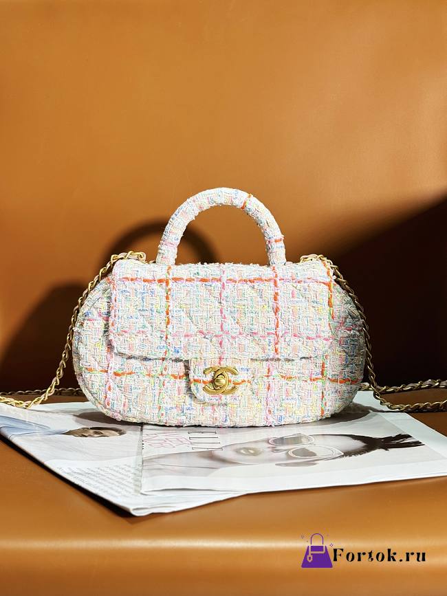 Fortok Chanel 24C Coco Bag With Top Handle Tweed Gold Metal AS4573 13.5x23.5x5.5cm - 1