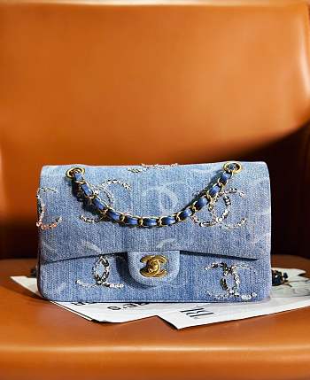 Fortok Chanel 23B Beaded and Sequined Classic Flap Bag Blue Denim 15.5x25.5x6.5cm